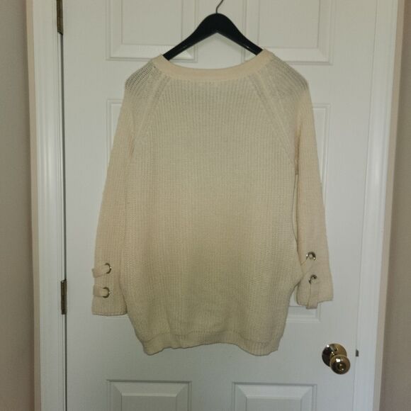 Umgee Woman's Fall Winter Sweater Cream Criss Cross Laced Tie Front Size M - Picture 5 of 6